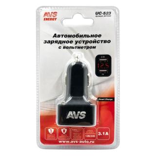 Устройство зарядное USB AVS 2 порта UC-523+вольтметр (3А,черный) (20)