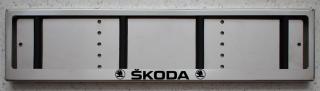 Рамка под номерной знак SKODA с широким полем нерж сталь серебро