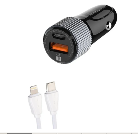 Устройство зарядное автомобильное USB/Type-C с QC3.0/ 1 USB+1 TYPE-C+кабель Lightning/ 5V, 9V, 12V 