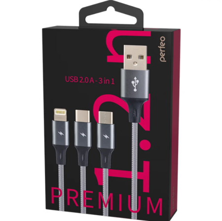 Кабель USB 2.0 A вилка 3 в 1 (Micro+Type C+8 PIN) (1,2м) серый U5001 PERFEO