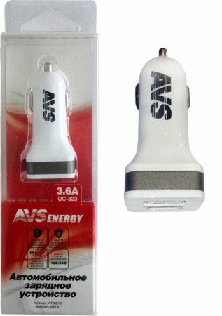Устройство зарядное автомобильное 2 USB порта 3,6A UC-323 AVS  (20)