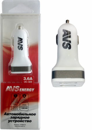 Устройство зарядное автомобильное USB AVS 2 порта UC-323 (3,6A) (20)